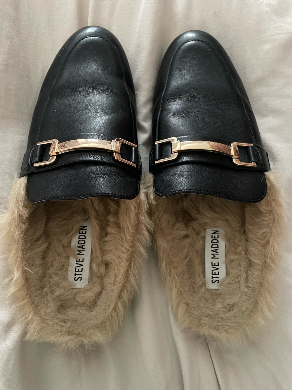 Steve Madden Black Faux Leather Fur-Lined Mules with Gold Bit